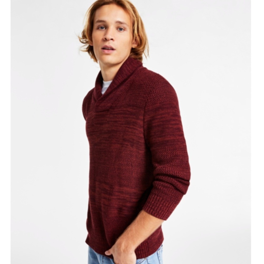 Sun + Stone Mens Shawl Collar Sweater Burnt Red‎ Marled Stripe Cotton XL NEW
